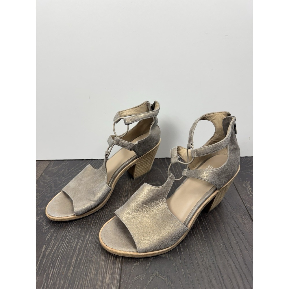 Eileen Fisher Lou Sandals Platinum/Gold Metallic Suede Open Toe Block Heel 8.5